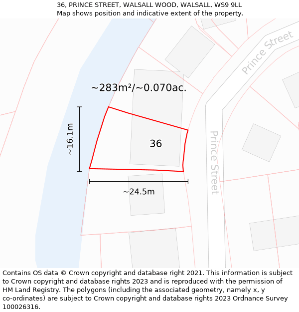 36, PRINCE STREET, WALSALL WOOD, WALSALL, WS9 9LL: Plot and title map