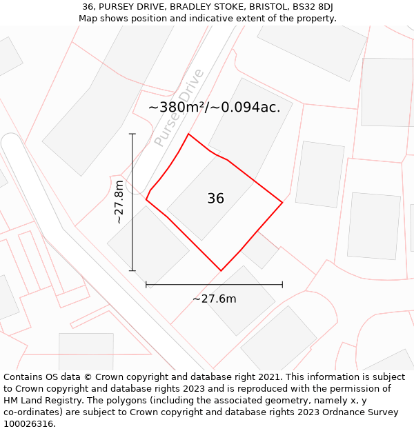 36, PURSEY DRIVE, BRADLEY STOKE, BRISTOL, BS32 8DJ: Plot and title map