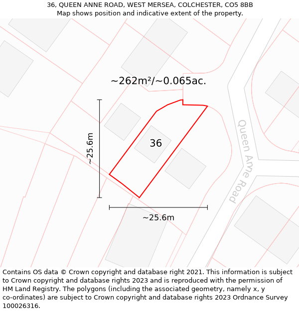 36, QUEEN ANNE ROAD, WEST MERSEA, COLCHESTER, CO5 8BB: Plot and title map