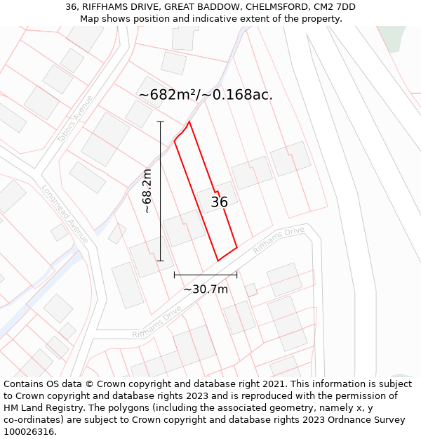 36, RIFFHAMS DRIVE, GREAT BADDOW, CHELMSFORD, CM2 7DD: Plot and title map