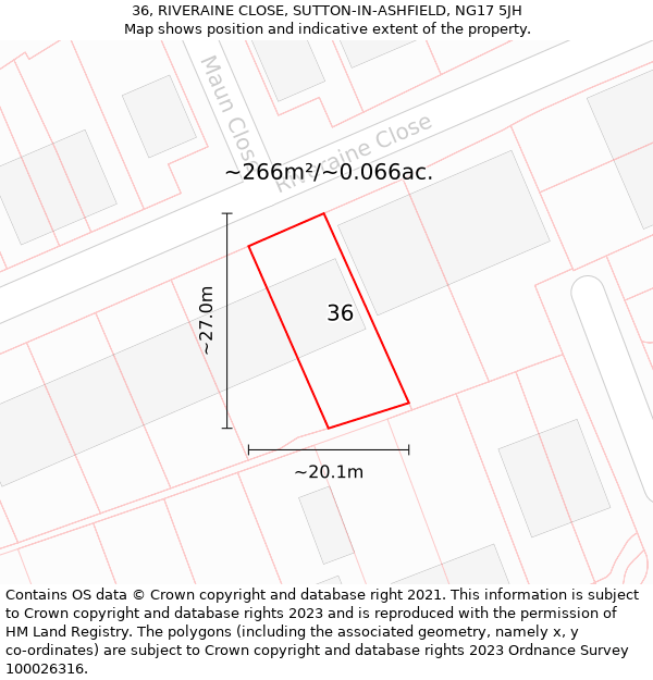 36, RIVERAINE CLOSE, SUTTON-IN-ASHFIELD, NG17 5JH: Plot and title map