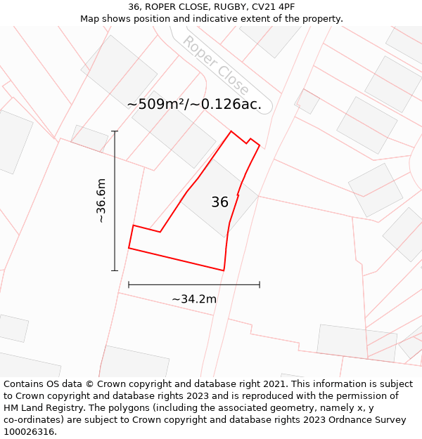 36, ROPER CLOSE, RUGBY, CV21 4PF: Plot and title map