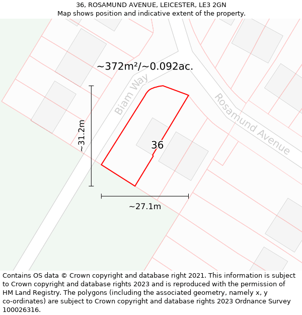 36, ROSAMUND AVENUE, LEICESTER, LE3 2GN: Plot and title map