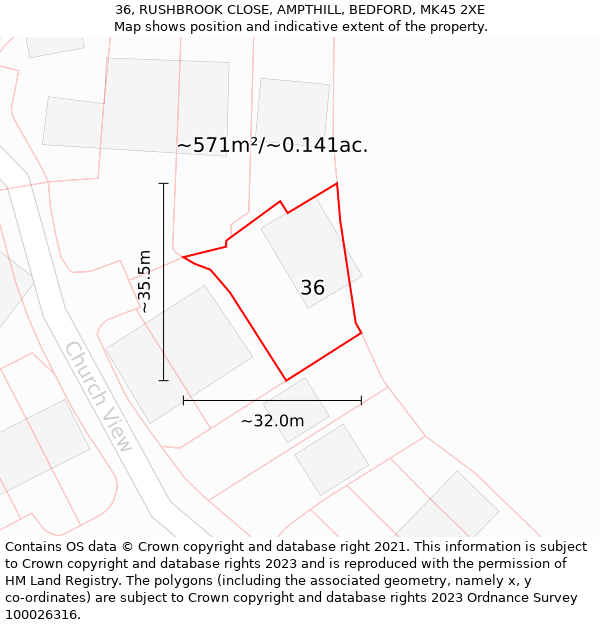 36, RUSHBROOK CLOSE, AMPTHILL, BEDFORD, MK45 2XE: Plot and title map