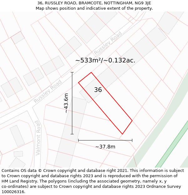 36, RUSSLEY ROAD, BRAMCOTE, NOTTINGHAM, NG9 3JE: Plot and title map