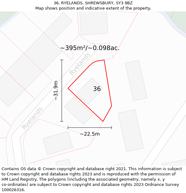 36, RYELANDS, SHREWSBURY, SY3 9BZ: Plot and title map