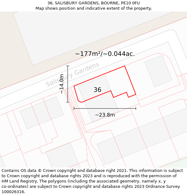 36, SALISBURY GARDENS, BOURNE, PE10 0FU: Plot and title map