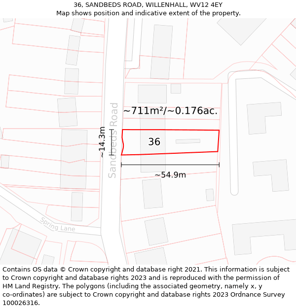 36, SANDBEDS ROAD, WILLENHALL, WV12 4EY: Plot and title map