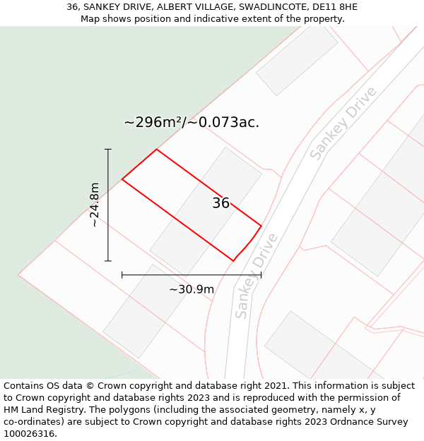 36, SANKEY DRIVE, ALBERT VILLAGE, SWADLINCOTE, DE11 8HE: Plot and title map