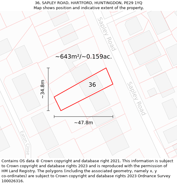 36, SAPLEY ROAD, HARTFORD, HUNTINGDON, PE29 1YQ: Plot and title map