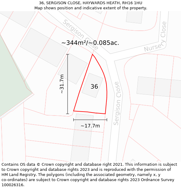 36, SERGISON CLOSE, HAYWARDS HEATH, RH16 1HU: Plot and title map