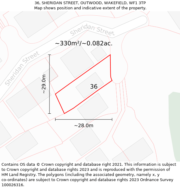 36, SHERIDAN STREET, OUTWOOD, WAKEFIELD, WF1 3TP: Plot and title map