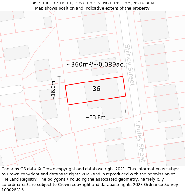 36, SHIRLEY STREET, LONG EATON, NOTTINGHAM, NG10 3BN: Plot and title map