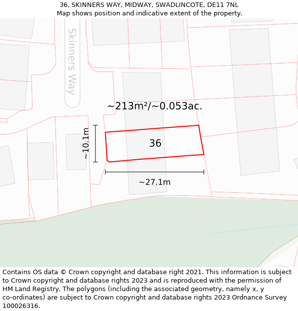 36, SKINNERS WAY, MIDWAY, SWADLINCOTE, DE11 7NL: Plot and title map