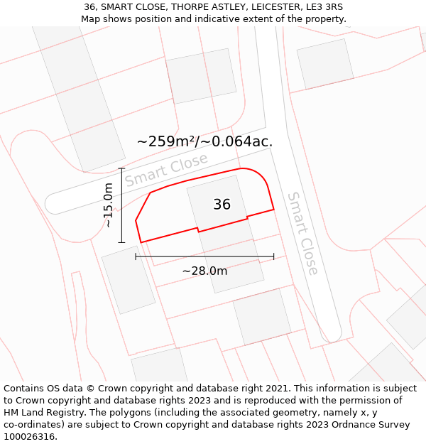 36, SMART CLOSE, THORPE ASTLEY, LEICESTER, LE3 3RS: Plot and title map