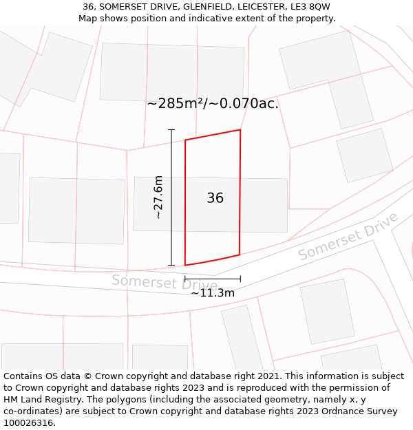 36, SOMERSET DRIVE, GLENFIELD, LEICESTER, LE3 8QW: Plot and title map