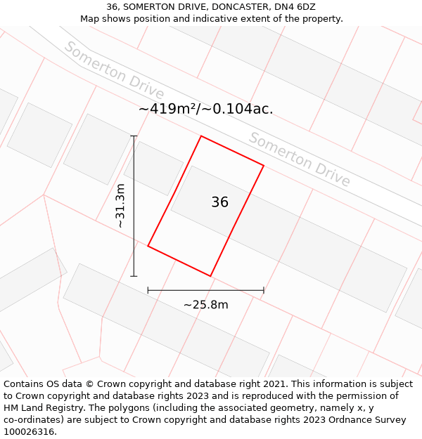 36, SOMERTON DRIVE, DONCASTER, DN4 6DZ: Plot and title map