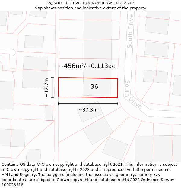 36, SOUTH DRIVE, BOGNOR REGIS, PO22 7PZ: Plot and title map