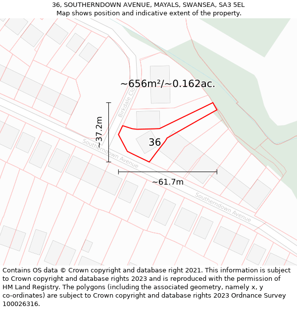 36, SOUTHERNDOWN AVENUE, MAYALS, SWANSEA, SA3 5EL: Plot and title map