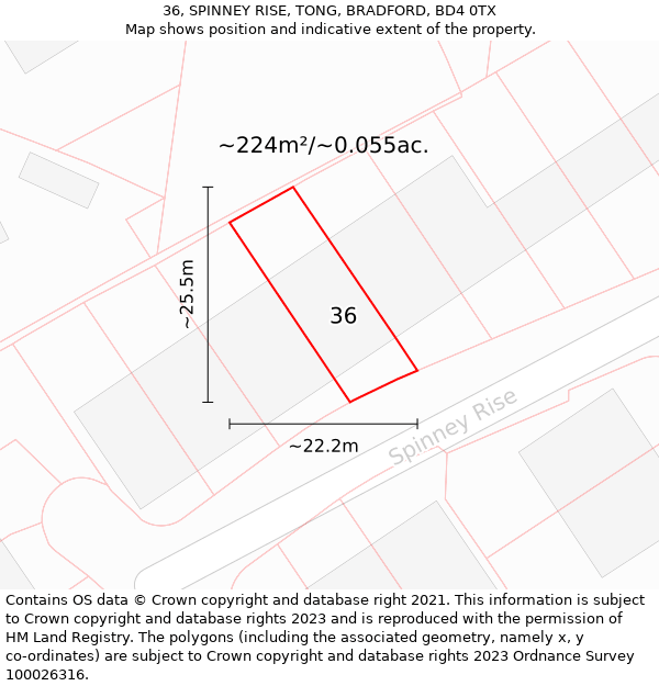 36, SPINNEY RISE, TONG, BRADFORD, BD4 0TX: Plot and title map