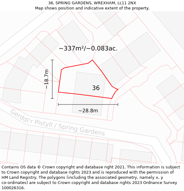 36, SPRING GARDENS, WREXHAM, LL11 2NX: Plot and title map