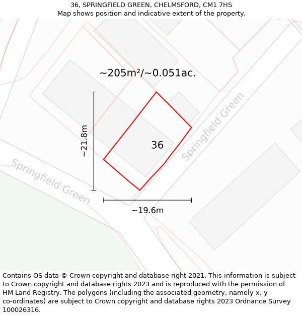 36, SPRINGFIELD GREEN, CHELMSFORD, CM1 7HS: Plot and title map