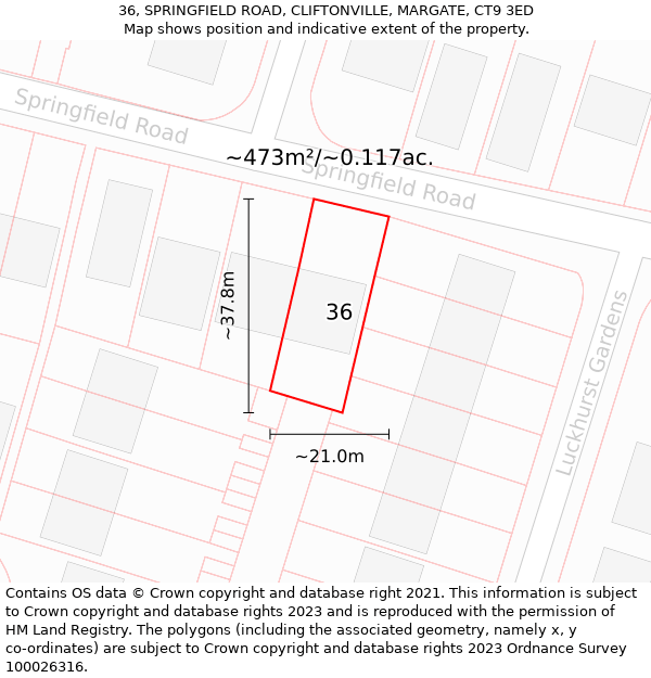 36, SPRINGFIELD ROAD, CLIFTONVILLE, MARGATE, CT9 3ED: Plot and title map