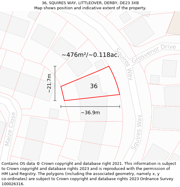 36, SQUIRES WAY, LITTLEOVER, DERBY, DE23 3XB: Plot and title map