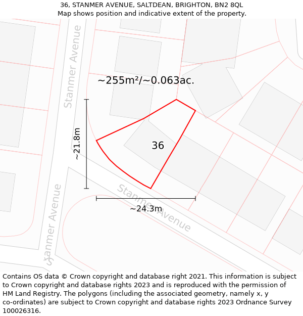 36, STANMER AVENUE, SALTDEAN, BRIGHTON, BN2 8QL: Plot and title map