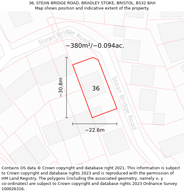 36, STEAN BRIDGE ROAD, BRADLEY STOKE, BRISTOL, BS32 8AH: Plot and title map