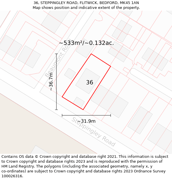 36, STEPPINGLEY ROAD, FLITWICK, BEDFORD, MK45 1AN: Plot and title map