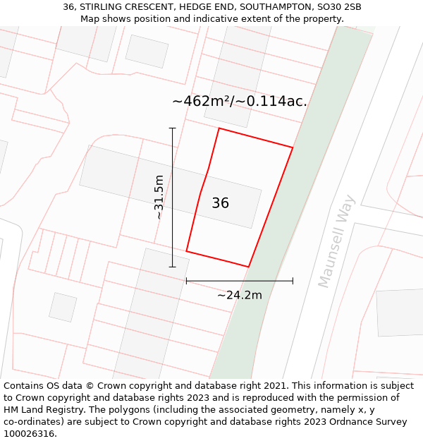 36, STIRLING CRESCENT, HEDGE END, SOUTHAMPTON, SO30 2SB: Plot and title map