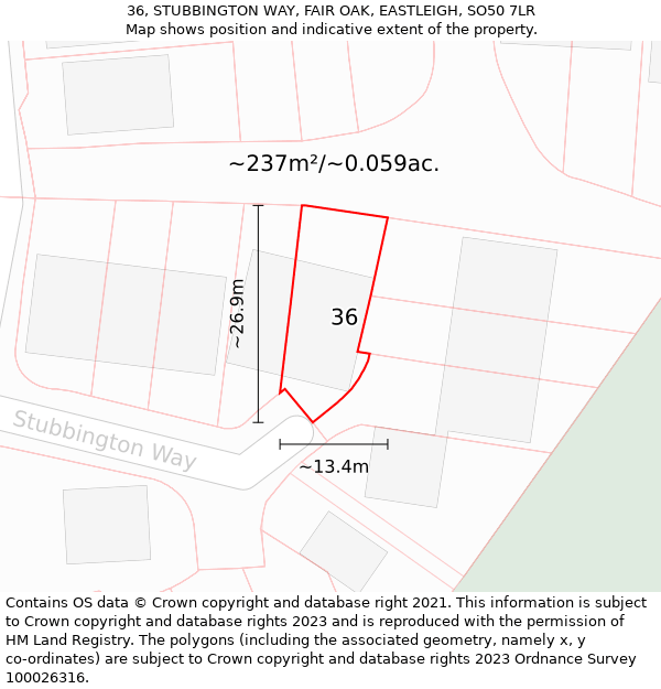 36, STUBBINGTON WAY, FAIR OAK, EASTLEIGH, SO50 7LR: Plot and title map