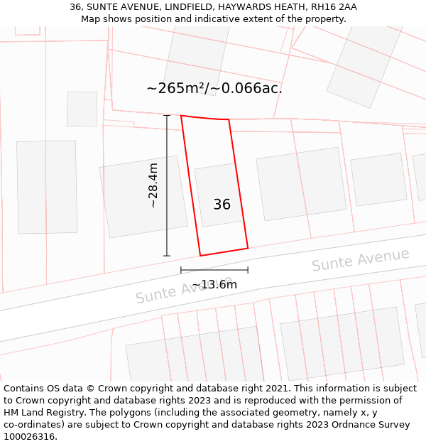 36, SUNTE AVENUE, LINDFIELD, HAYWARDS HEATH, RH16 2AA: Plot and title map