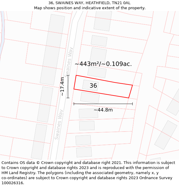 36, SWAINES WAY, HEATHFIELD, TN21 0AL: Plot and title map