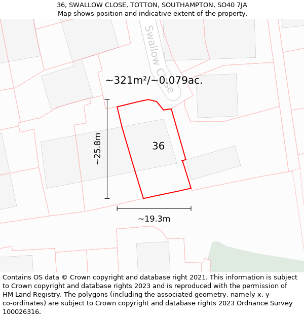 36, SWALLOW CLOSE, TOTTON, SOUTHAMPTON, SO40 7JA: Plot and title map