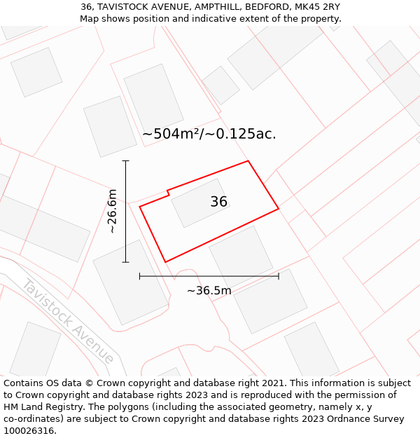 36, TAVISTOCK AVENUE, AMPTHILL, BEDFORD, MK45 2RY: Plot and title map