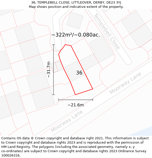 36, TEMPLEBELL CLOSE, LITTLEOVER, DERBY, DE23 3YJ: Plot and title map
