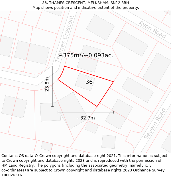 36, THAMES CRESCENT, MELKSHAM, SN12 8BH: Plot and title map