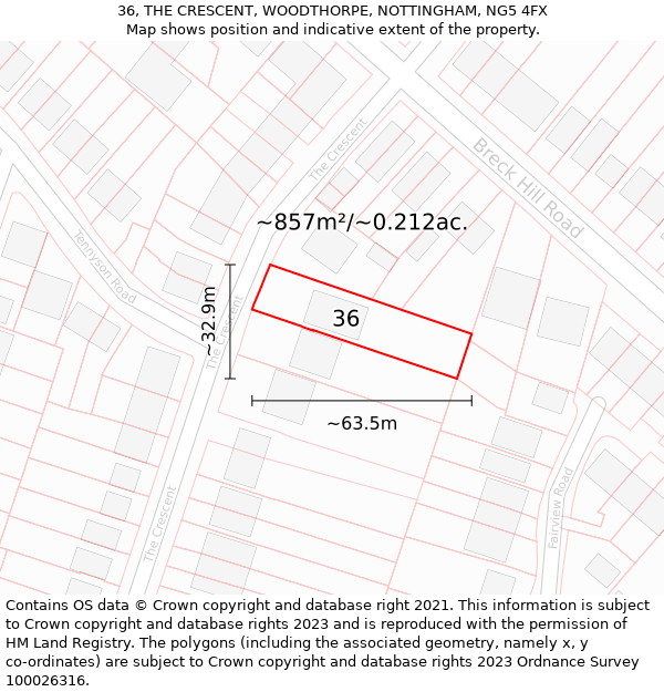 36, THE CRESCENT, WOODTHORPE, NOTTINGHAM, NG5 4FX: Plot and title map