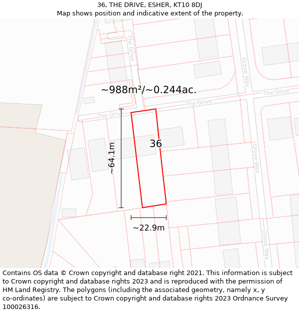 36, THE DRIVE, ESHER, KT10 8DJ: Plot and title map