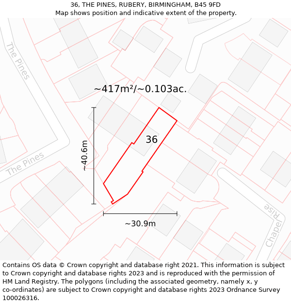 36, THE PINES, RUBERY, BIRMINGHAM, B45 9FD: Plot and title map