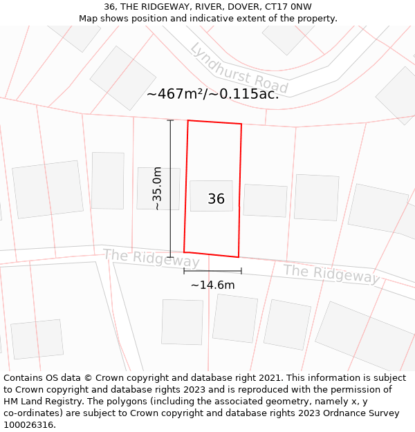 36, THE RIDGEWAY, RIVER, DOVER, CT17 0NW: Plot and title map