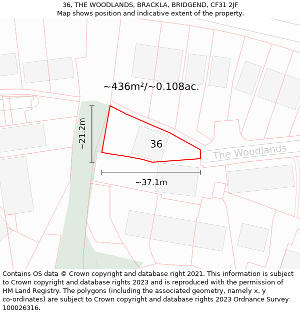 36, THE WOODLANDS, BRACKLA, BRIDGEND, CF31 2JF: Plot and title map