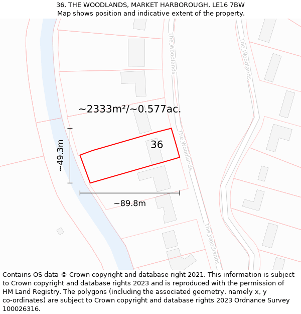 36, THE WOODLANDS, MARKET HARBOROUGH, LE16 7BW: Plot and title map