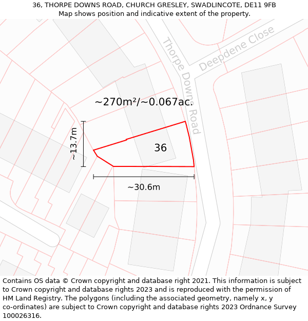 36, THORPE DOWNS ROAD, CHURCH GRESLEY, SWADLINCOTE, DE11 9FB: Plot and title map