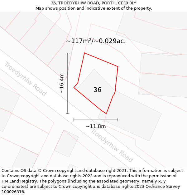 36, TROEDYRHIW ROAD, PORTH, CF39 0LY: Plot and title map