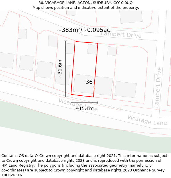 36, VICARAGE LANE, ACTON, SUDBURY, CO10 0UQ: Plot and title map