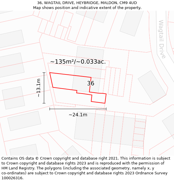 36, WAGTAIL DRIVE, HEYBRIDGE, MALDON, CM9 4UD: Plot and title map