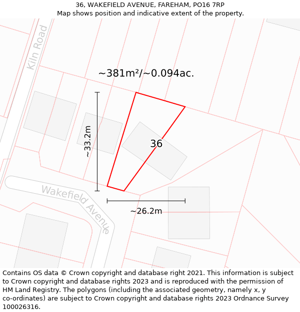 36, WAKEFIELD AVENUE, FAREHAM, PO16 7RP: Plot and title map